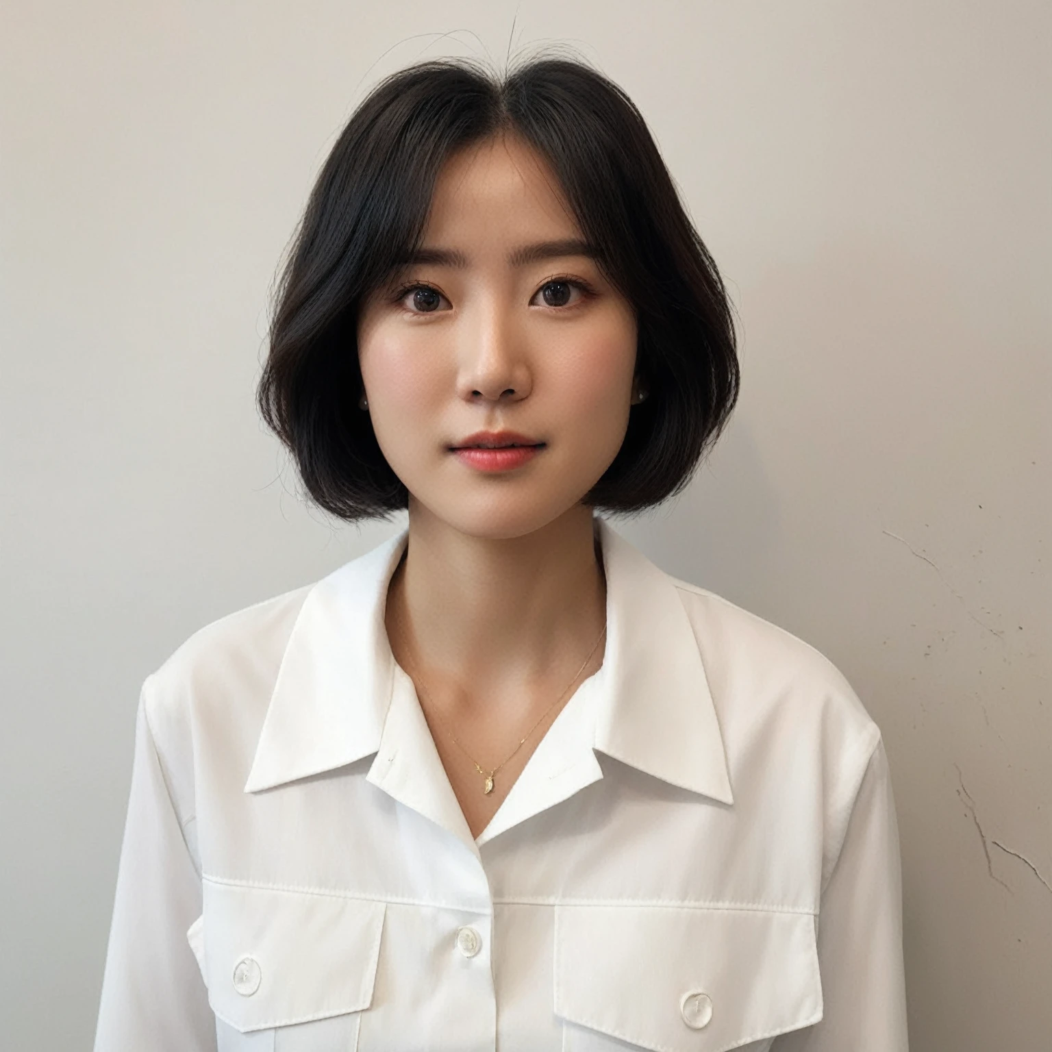 Best Quality, 8k, Masterpiece, (Portrait: 1.3), (photo realistic:1.4), (hyper realistic:1.4), Sharp Focus, looking at viewer, (smoother lighting:1.1), (increase cinematic lighting quality:0.9), realistic lighting, backlighting, light on face, ray trace, (brightening light:1.2), (Increase quality:1.4), sharp detail, (best quality real texture skin:1.4), finely detailed eyes, black_eyes, finely detailed face, 25 year old Korean woman, (white formal_shirt:1.4), (Create an image maintaining the original base model hairstyle:1.5)