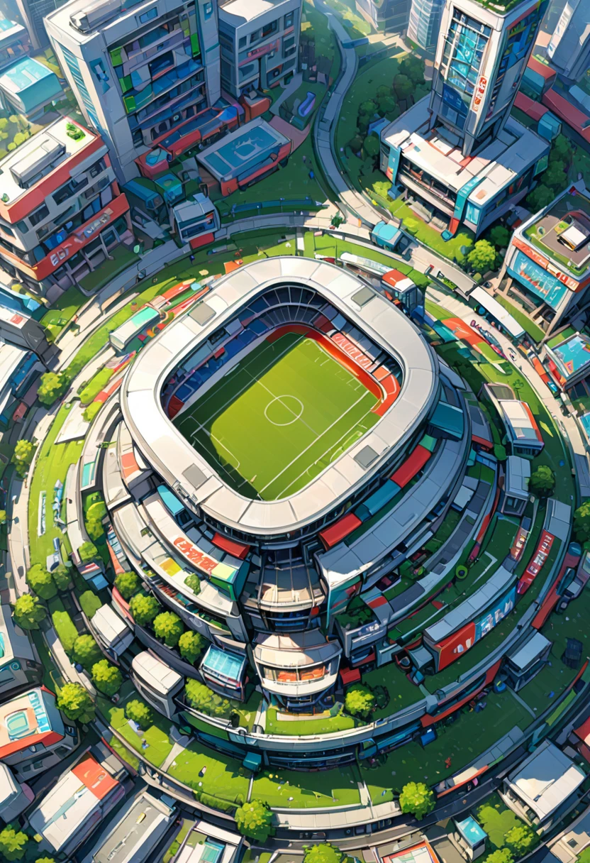 A football stadium with green grass,surrounded by high-rise buildings and clouds in the sky. The field is crowded with fans cheering for their team's game against the opposite side. In the style of anime,it features vibrant colors and detailed character designs. It was created using ArtStation and digital painting techniques,featuring high resolution and wide-angle lenses. This scene showcases the realism of Makoto Shinkai,showcasing intricate details.,Anime,High angle,Overhead shot,Wide angle lens,Panoramic view,Detailed,High detail,High quality,Hyper detailed,Super detailed,Ultra detail,Ultra detailed,Ultra HD,16-Bit,highly detailed,ultra-high resolutions,32K UHD,best quality,masterpiece,