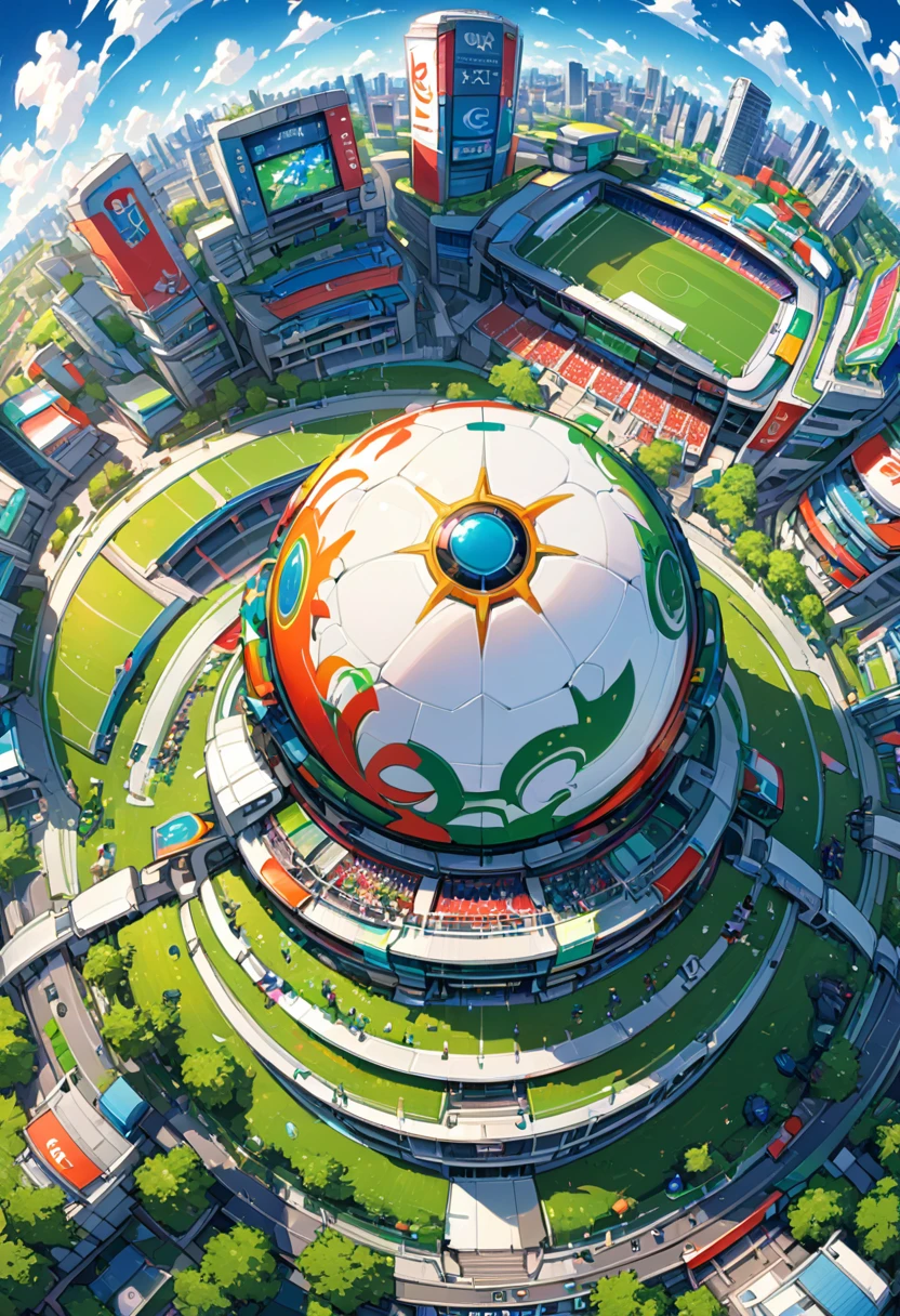 A football stadium with green grass,surrounded by high-rise buildings and clouds in the sky. The field is crowded with fans cheering for their team's game against the opposite side. In the style of anime,it features vibrant colors and detailed character designs. It was created using ArtStation and digital painting techniques,featuring high resolution and wide-angle lenses. This scene showcases the realism of Makoto Shinkai,showcasing intricate details.,Anime,High angle,Overhead shot,Wide angle lens,Panoramic view,Detailed,High detail,High quality,Hyper detailed,Super detailed,Ultra detail,Ultra detailed,Ultra HD,16-Bit,highly detailed,ultra-high resolutions,32K UHD,best quality,masterpiece,