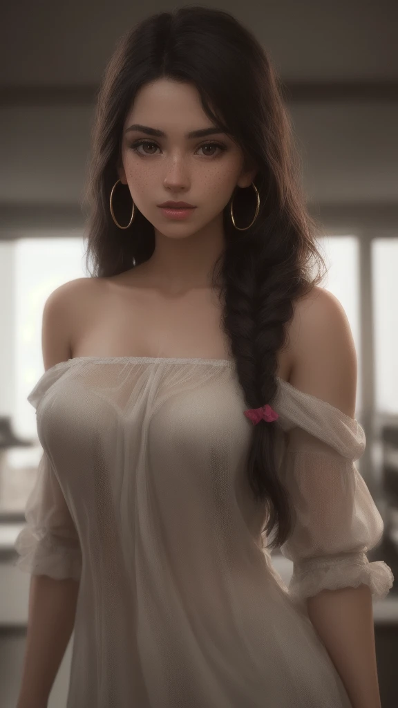 masterpiece,best quality, realistic illustration, style of Philip Lorca diCorcia,
cinematic film still portrait of a girl aged 18yo, 1girl, solo, black long hair, large braid, olive eyes, toned body, large bust size, big nipples, dark brown nipples, light freckles, dark skin, dark makeup, wearing an off the shoulder blouse, wet, hoop earrings, perfect lips, posing for the camera, pretty face, cute face, vignette, highly detailed features, highly detailed body, high budget, bokeh, cinemascope, moody, epic, gorgeous, whole body photo, film grain, grainy