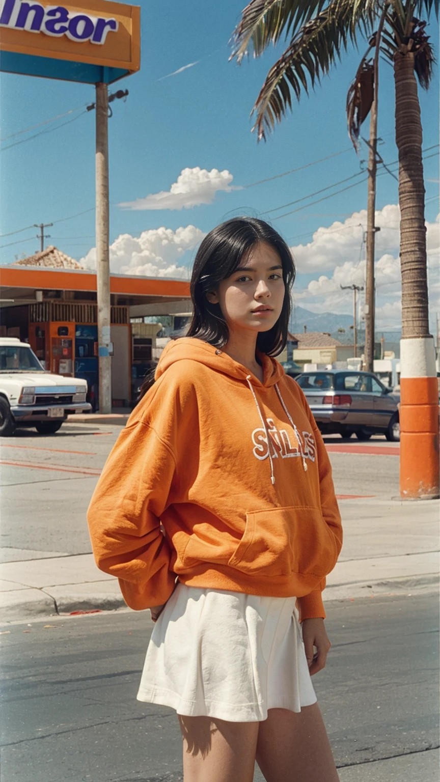 (medium shot portrait) one of cute 23 yo girl ,wear ((orange color oversized_hoodie)), wear ((purple tennis skirt)),looking front,Best Quality,Masterpiece,Ultra High Resolution,(Realisticity:1.4),Original Photo, 1Girl, light leak,ultra high resolution,UHD,beautiful, (black straight hair), almond eye, no makeup, in front of ((80's los angels colorful gas station)), (realistic:1.2), (surreal:1.3), (very detailed:1.1), ((masterpiece)),summer, blue sky, palm trees,sunny, los angles vibes,film camera, 800mm lens,style of Philip Lorca diCorcia