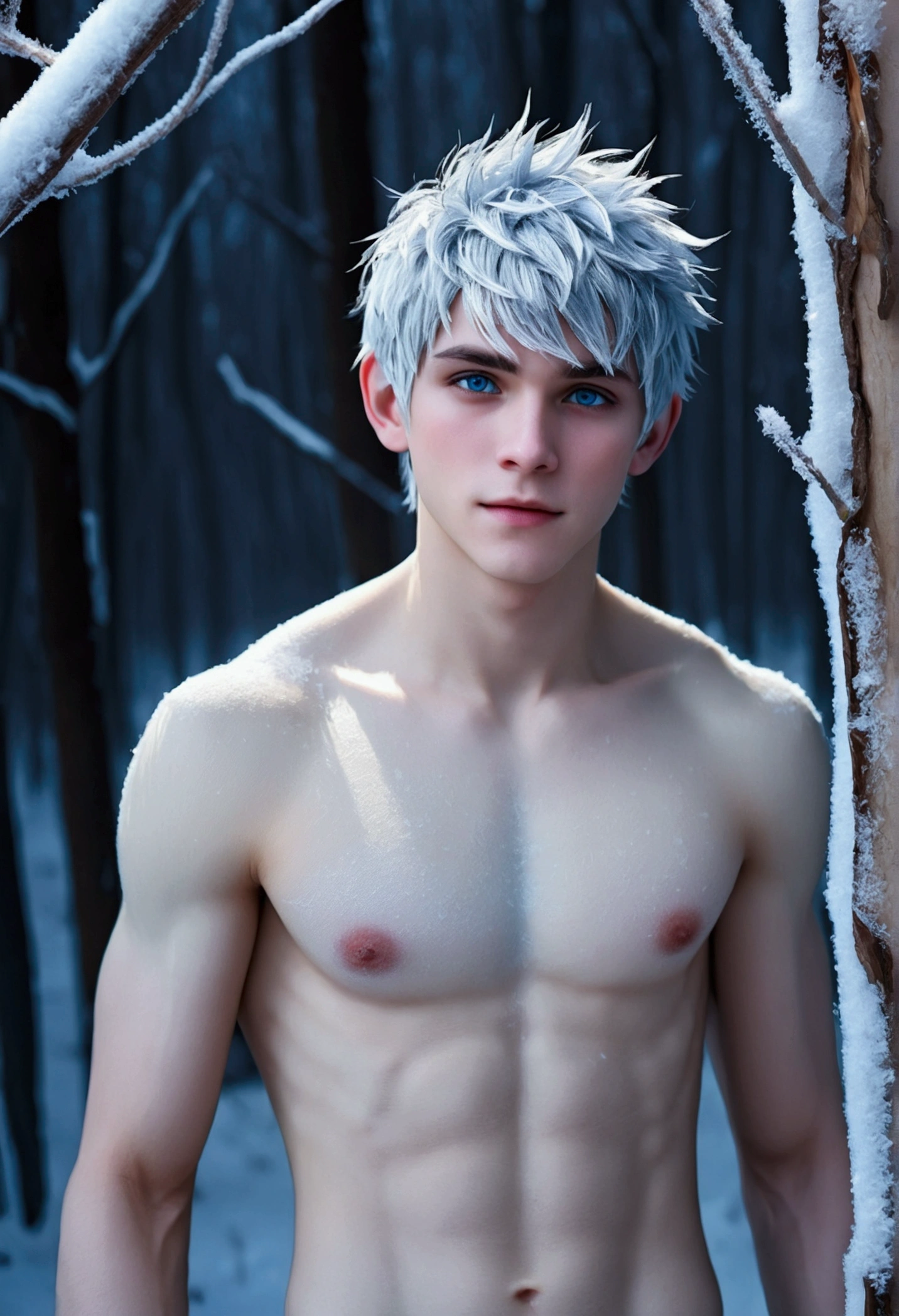 (Jack Frost: 1.6), full full body shots photorealistiic young man, 18 years old, milk white skin, blue eyes, white hair, shirtless, 6-pax abs, (full body shot), young boy, 18 years old, beutiful, perfect, milk white skin, slim body, very detailed blue eyes, very pale skin, barefoot in a snow forest, winter. (masterpiece:1.4, best quality), (intricate detail), Unity 8k wallpaper, Ultra Detailed, (abstract art:1.2), (Anato Finnstark style:1.3), boy from another dimension, a symphony of iridescent colors merging and shifting seamlessly, dynamic pose with rotating patterns of energy around you, a mix of determination and serenity in his expression, a general feeling of transcendence and exploration, consumed by inner darkness, empty waiting you, (Beautiful cosmic eyes), perfect lighting, perfect shading, (Children face), naked and nude
