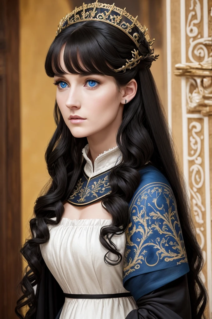 Beautiful noblewoman. Beautiful. House Baratheon. Black and yellow Dress. Long black hair curly and blue eyes. White skin. Dress sexy. Europan face. House Baratheon of Game of Thrones. Blue eyes. Look camara
