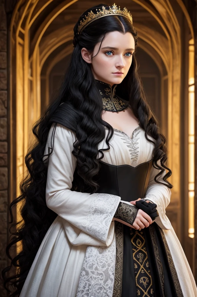 Beautiful noblewoman. Beautiful. House Baratheon. Black and yellow Dress. Long black hair curly and blue eyes. White skin. Dress sexy. Europan face. House Baratheon of Game of Thrones. Blue eyes. Look camara
