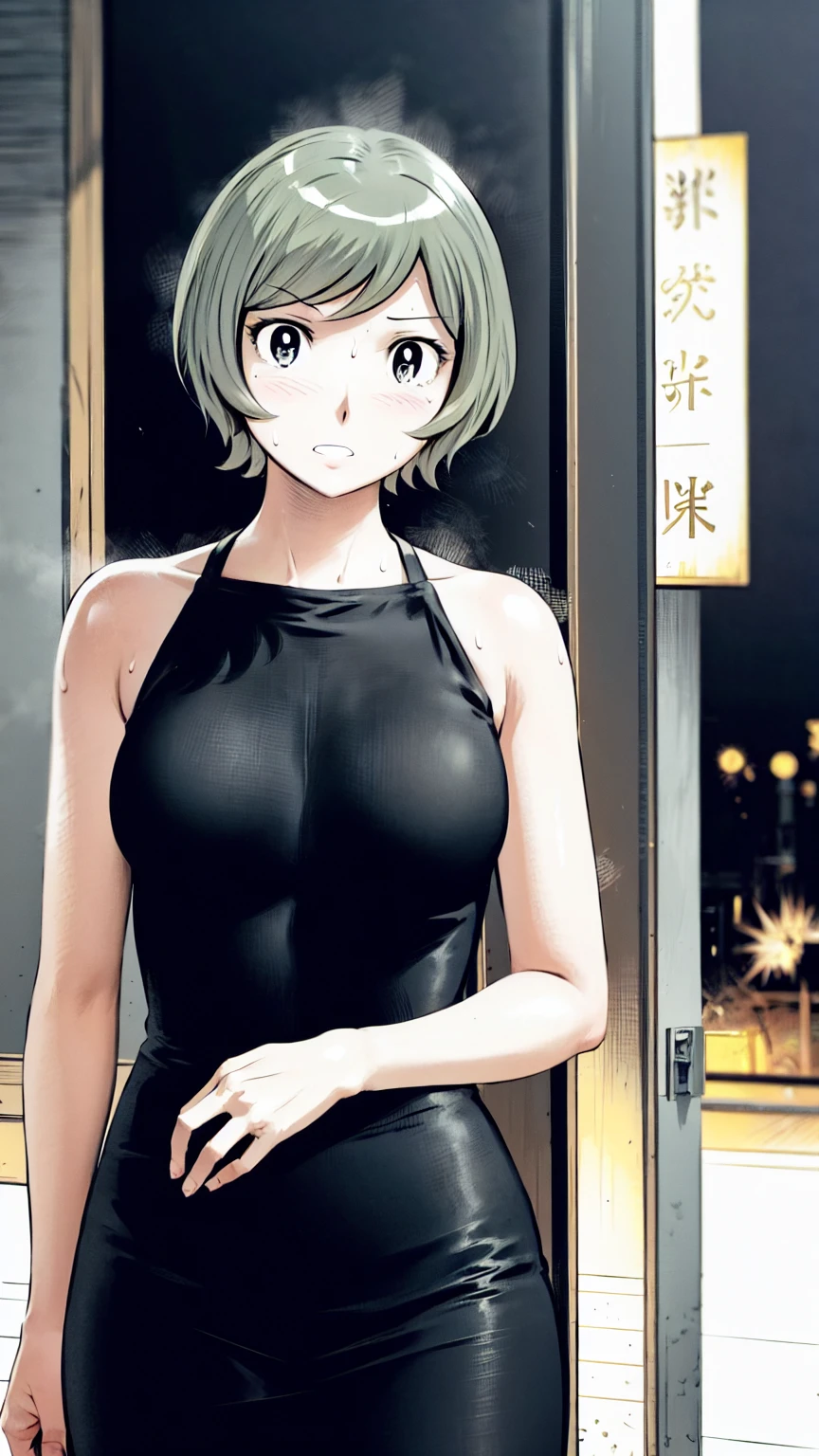 、(masterpiece、Highest quality)、Highest quality, Ultra-high resolution, (((masterpiece))), alone, Sweat、Big eyes, Sleeveless、Outdoor、Floral Dress、Composition from the front、(後ろCut your hair short、short hair、blonde、woman)、Shortcuts、Embarrassed face、Cut your hair short、可愛いwomanの子、Big Breasts、Browsing Caution