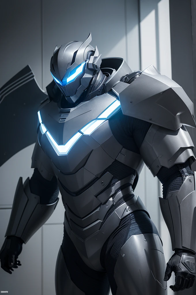 A giant suit of armor (3M), heavy and massive, so reinforced that it is not even possible to see who is using it, the armor has RGB and is using gauntlets as big as him, he is leaving a bank right after being robbed