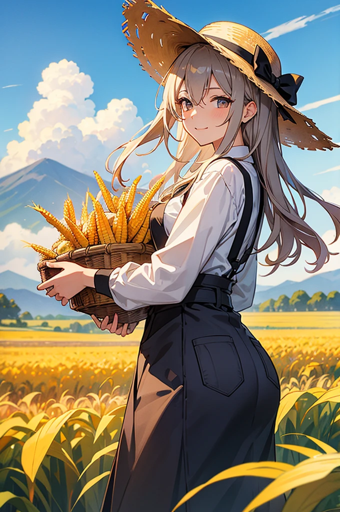 masterpiece, best quality, ultra detailed, 4K, no bad anatomy and fingers, beautiful young girl harvesting corn, 20-year-old beautiful girl picking corn in a field, long-sleeve work outfit and a straw hat, shiny hair and eyes, sweating, smiling, resembling Prinz Adalbert or Anchorage from Azur Lane, cornfield run by professional farmers in Shizuoka, delicious-looking corn, Alps mountains visible in the distance, anime style, layered watercolor painting, rustic, triangular composition, cinematic, shiny appearance 