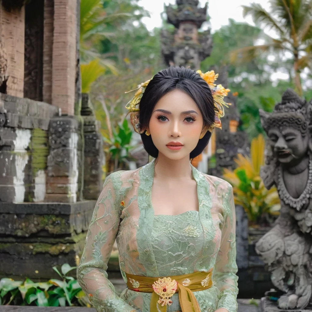 Illustrate a beautiful girl close up dressed in kebaya, set against the backdrop of a Balinese temple. Ensure that the image is photorealistic and of top-quality 8K HDR, capturing every intricate detail of the scene.,kebaya,kebaya indonesia,p3rfect ,cleavage
Extremelly detailed, ultra sharp