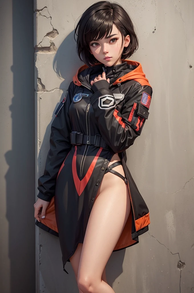 Create a female prop with short shoulder-length hair for the game Overwatch in which she is a space traveler with clothes inspired by the EVA pilots from the anime Neon Genesis Evangelion, in a more sombre black and red tight costume with an overcoat and hood, in which she lives in the shadows hiding her identity, living just for under your beliefs. Make her in a pose leaning against a wall. Make the image in a full-body, hand-drawn style