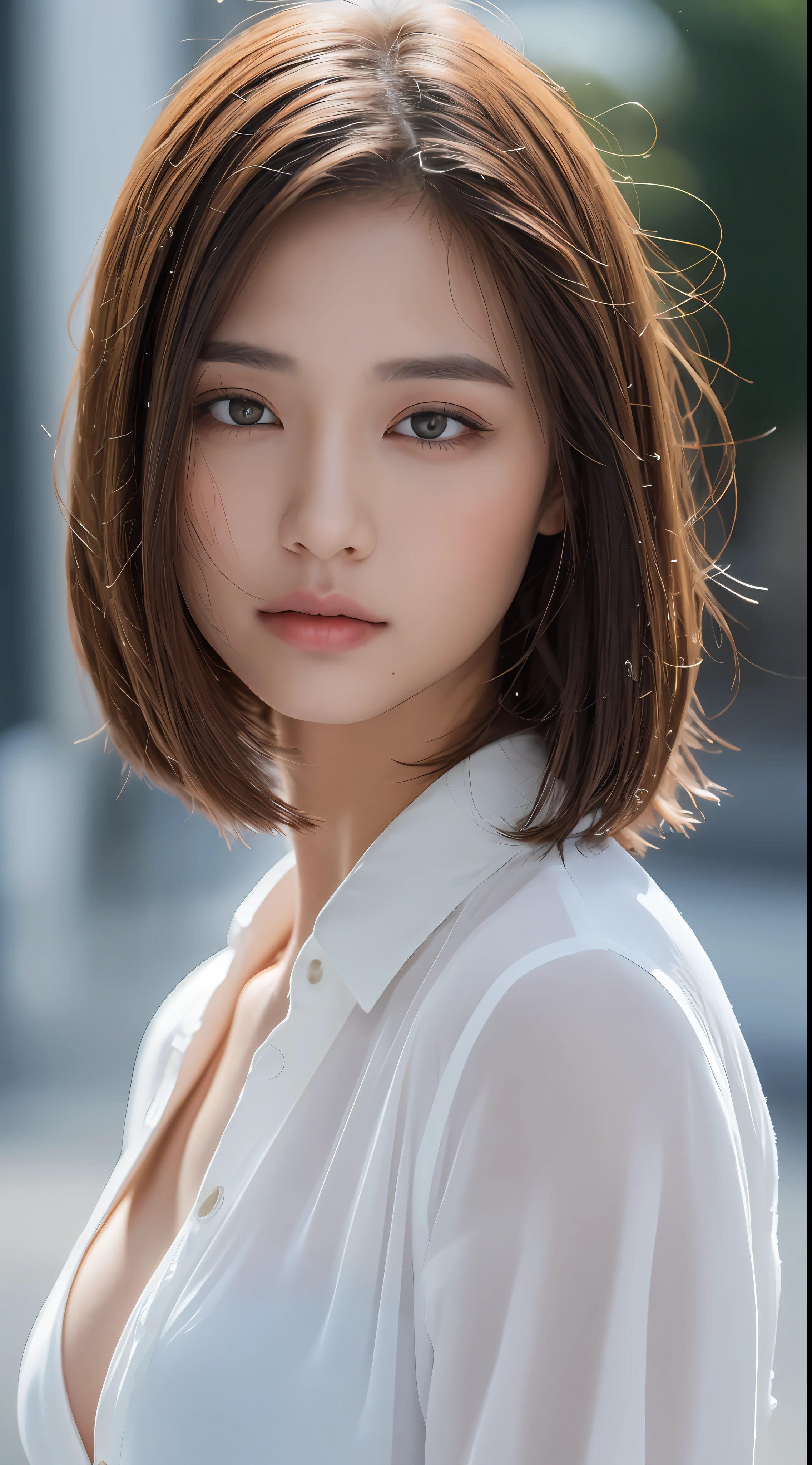 ((best qualityer, 8k, work of art: 1.3)), Spitz: 1.2, Perfect Body Beauty: 1.4, Skinny abs: 1.2, ((Layered Hairstyle, breasts big: 1.2)), (humida White Button Long Shirt: 1.1), (Raby, Street: 1.2), humida: 1.5, Highly detailed texture of face and skin, detailedeyes, Double eyelids, Side face looking at camera