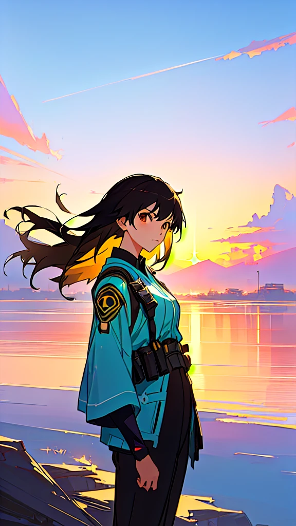 A beautiful detailed anime girl with long black hair and deep brown eyes, standing in front of a serene sunset landscape, serious expression, art style of Artgerm and Atey Ghailan, inspired by the works of Makoto Shinkai and Cyril Rolando, guweiz-esque artwork, 8K resolution, by Krenz Cushart and Artgerm, Makoto Shinkai (Apex Legends)