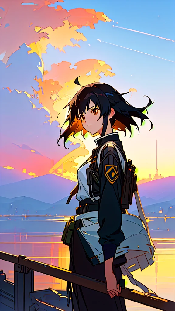 A beautiful detailed anime girl with long black hair and deep brown eyes, standing in front of a serene sunset landscape, serious expression, art style of Artgerm and Atey Ghailan, inspired by the works of Makoto Shinkai and Cyril Rolando, guweiz-esque artwork, 8K resolution, by Krenz Cushart and Artgerm, Makoto Shinkai (Apex Legends)