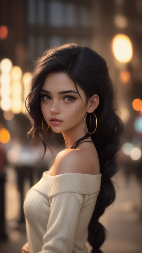 masterpiece,best quality, realistic illustration, style of Philip Lorca diCorcia,
cinematic film still portrait of a girl aged 18yo, 1girl, solo, black long hair, large braid, olive eyes, toned body, large bust size, light freckles, dark skin, dark makeup, wearing an off the shoulder sweater, hoop earrings, perfect lips, posing for the camera, pretty face, vignette, highly detailed features, highly detailed body, high budget, bokeh, cinemascope, moody, epic, gorgeous, whole body photo, film grain, grainy