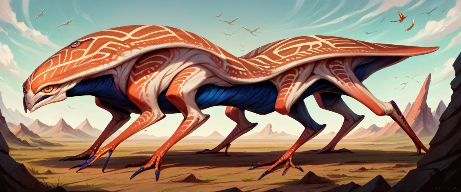 A bizarre alien grazing creature, extraterrestrial wildlife, large imaginative alien animal, detailed alien anatomy, intricate alien textures and patterns, cinematic lighting, fantasy landscape, dramatic composition, surreal color palette, highly detailed, 8K, photorealistic, masterpiece