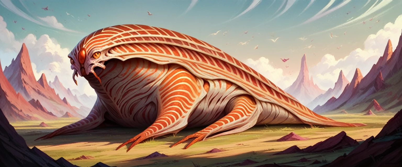 A bizarre alien grazing creature, extraterrestrial wildlife, large imaginative alien animal, detailed alien anatomy, intricate alien textures and patterns, cinematic lighting, fantasy landscape, dramatic composition, surreal color palette, highly detailed, 8K, photorealistic, masterpiece