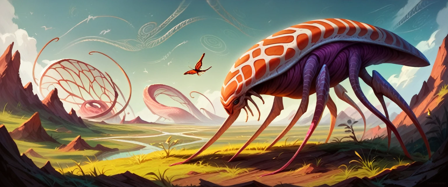 A bizarre alien grazing creature, extraterrestrial wildlife, large imaginative alien animal, detailed alien anatomy, intricate alien textures and patterns, cinematic lighting, fantasy landscape, dramatic composition, surreal color palette, highly detailed, 8K, photorealistic, masterpiece