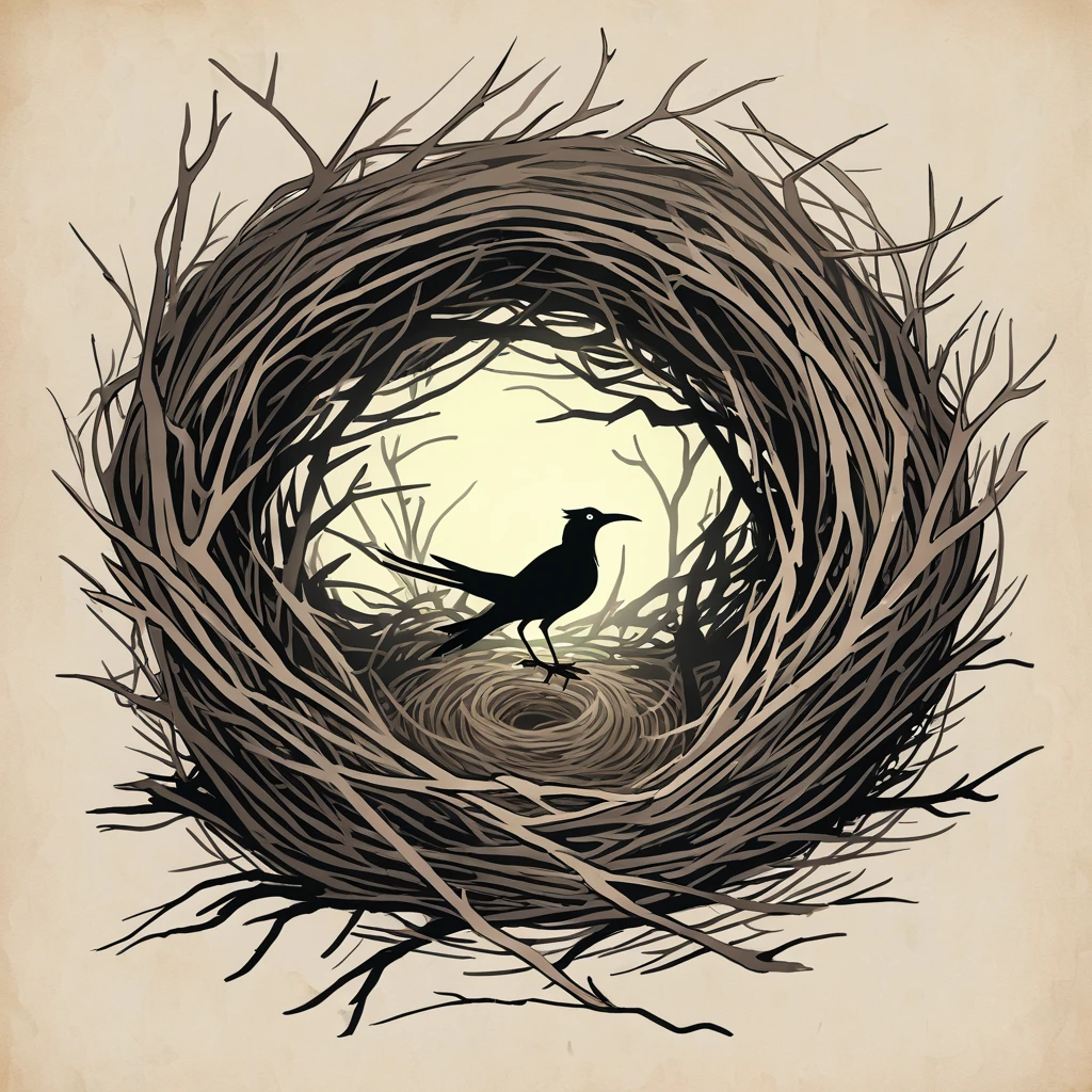 evanescent wrong turn into a monster bird nest in old school art style
