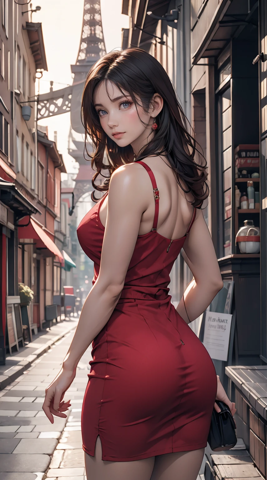 Stunning 3D rendering of a beautiful woman in shorts, Red dress, Lush tree々posing seductively in a narrow alley surrounded by. The iconic Eiffel Tower in the background々Standing there. Woman playfully lifts her dress、Showing her attractive ass。, Make the scene sensual and playful. Photos have a vibrant and glossy finish, Highlights feminine curves and full figure.