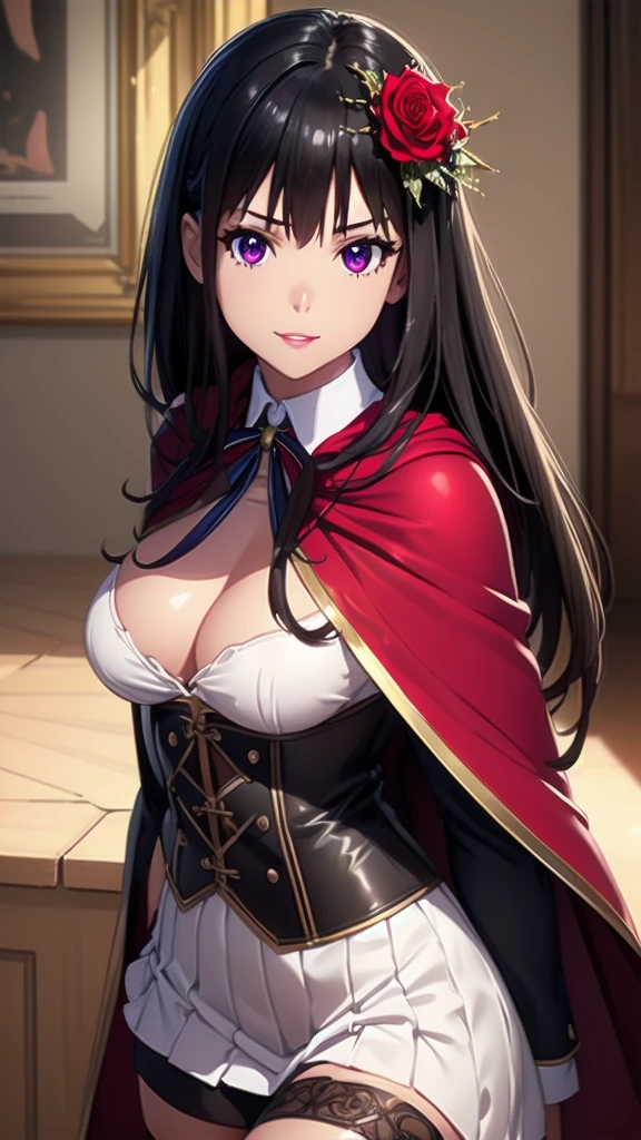 masterpiece, best quality, solo girl, black hair, violet eyes, long hair, medium breasts, sexy body and face, wavy hair, smile, parted lips, red lips, ribbon, crown of thorns, thorns, (red cape, dress flower), detached sleeves, hair flower, hair ornament, long sleeves, black corset, long skirt, red dress, rose, strapless dress, long skirt, thighhighs, thighlet, red nails, dress flower, black thighhighs, mksks style, beautiful background, orchestra, indoors, sexy pose, cowboy shots, sharp focus, ultra-detailed body, face, and eyes, vibrant, creative, dynamic, high definition, high resolution, 8k, (Upscale: R-ESRGAN 4x+ Anime6mage enchance:4x), voluptuous body, cinema lightning, looking at the viewer, (realistic:1.4), (beautiful detailed face, beautiful detailed eyes, volumetric lighting), 