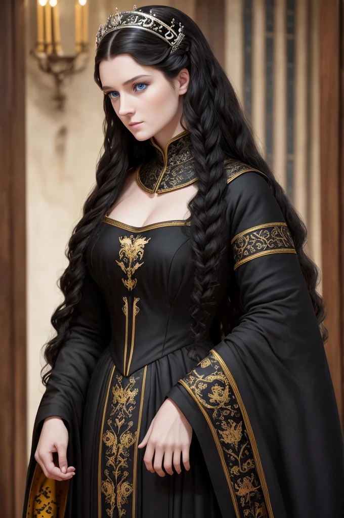Beautiful noblewoman. Beautiful. House Baratheon. Black and yellow Dress. Long black hair curly and blue eyes. White skin. Dress sexy. Europan face. House Baratheon of Game of Thrones. Blue eyes. Look camara