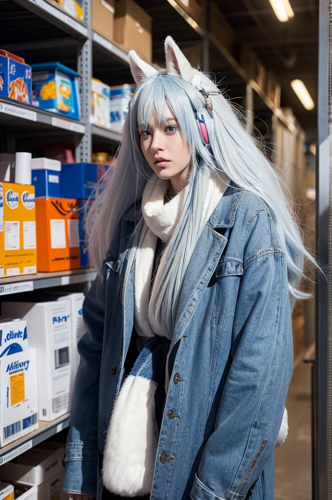 Furry beasts，In an aisle，alarmed，Blue-white hair，Orange ears，accident，alert