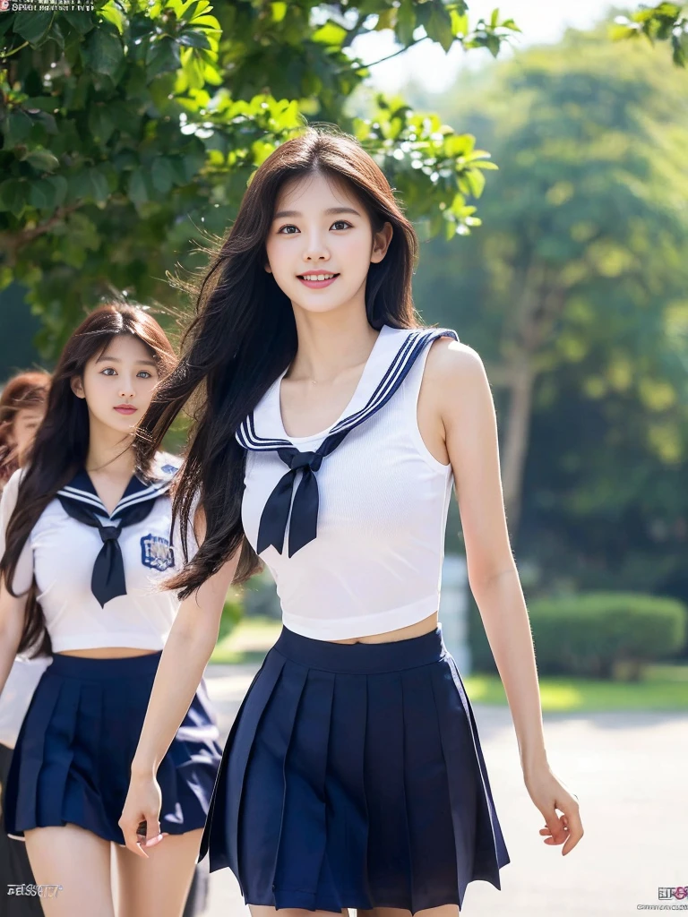 (A commemorative photo of a super cute Korean schoolgirl walking:1.2)(Puzzled smile:1.1)(Beautiful Sweat:1.1)(16K, RAW Photos, Highest quality, masterpiece: 1.2),(Shiny and beautiful black long hair) Super detailed, Super Resolution, (Genuine, Genuine photos: 1.37), Portraiture, High-resolution RAW color photos, Professional photos, Very detailed, 8k wallpaper, Very detailed CG Unity 8k wallpaper, Very detailed beautiful girls, Very detailed faces, ((whole body)), beautiful woman, Huge breasts,(huge boobs:1.1) (Big Boobs:1.1), beautiful  (Stylish sailor-style tank top student uniform),high school girl, Korean Girls,(K-POP Female Idols), (Idol-class beauty)(Beautiful high school girl:1.1)(Dirty park)(16 years old),(from down side:1.2)(NSFW:1.1)garter belt