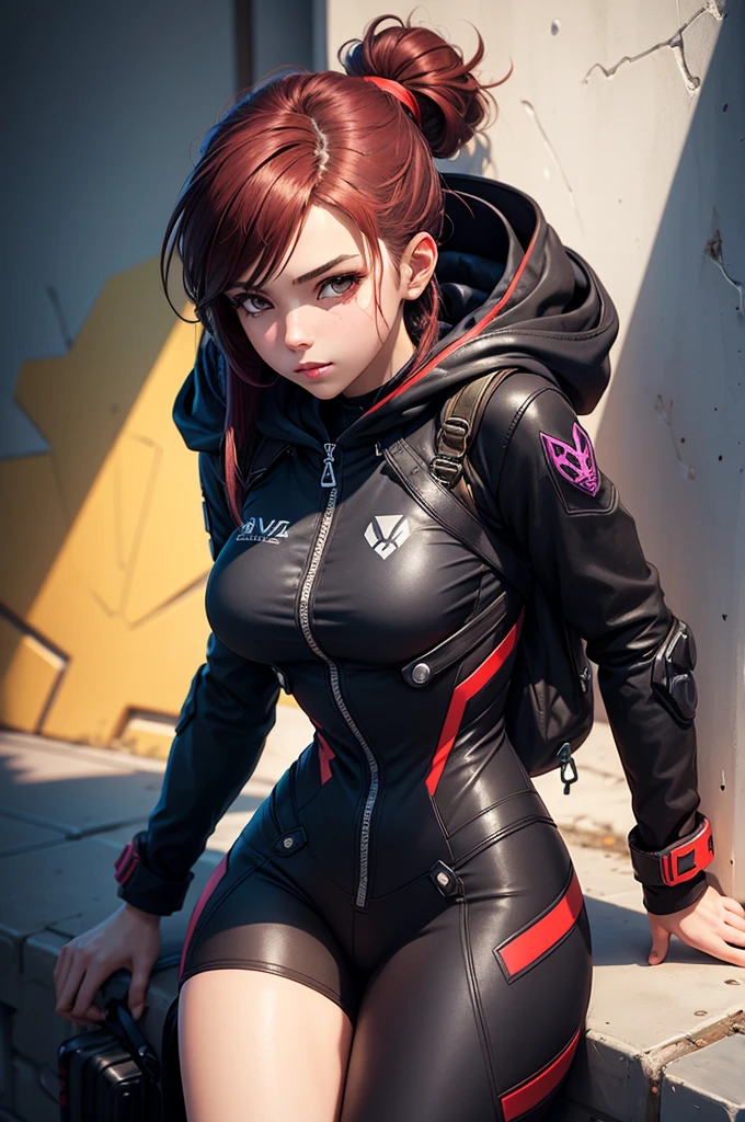 Create a female support for the game Overwatch in which she is a space traveler with clothes inspired by the EVA pilots from the anime Neon Genesis Evangelion, in a more sombre black and red tight costume with an overcoat and hood, in which she lives in the shadows hiding her identity, living just for under your beliefs. Make her in a pose leaning against a wall. Make the image in a full-body, hand-drawn style