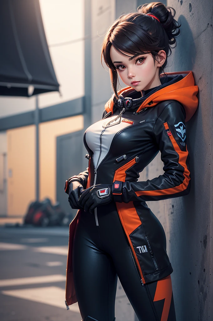 Create a female support for the game Overwatch in which she is a space traveler with clothes inspired by the EVA pilots from the anime Neon Genesis Evangelion, in a more sombre black and red tight costume with an overcoat and hood, in which she lives in the shadows hiding her identity, living just for under your beliefs. Make her in a pose leaning against a wall. Make the image in a full-body, hand-drawn style