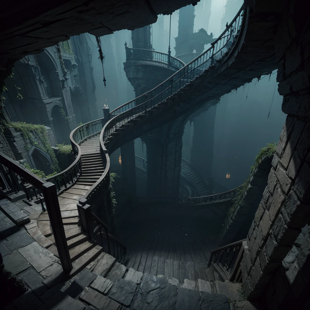 wide angle, view from the top of the peak, dentro do Vale Guldur, dark floors, one floor with balcony overlooking the abyss, and floor with crazy staircase at the bottom, spines, spiked walls. scary illustration, over-detailed, 8K resolution. horror artwork.