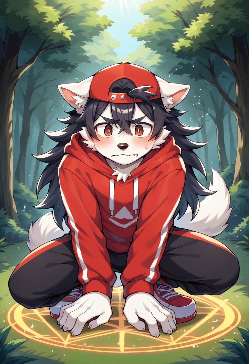 masterpiece, best quality, expressive eyes, perfect face, a man get transformed into a furry akita dog, furry akita, white fur, big akita tail, dog ears, solo, surpriced, blushed, black hair, long hair, red baseball cap, black shirt, red hoodie, black sports pants, red sport shoes, brown eyes, full body, in a magic forest, glitter, embarrassed pose, magic circle on the floor. 