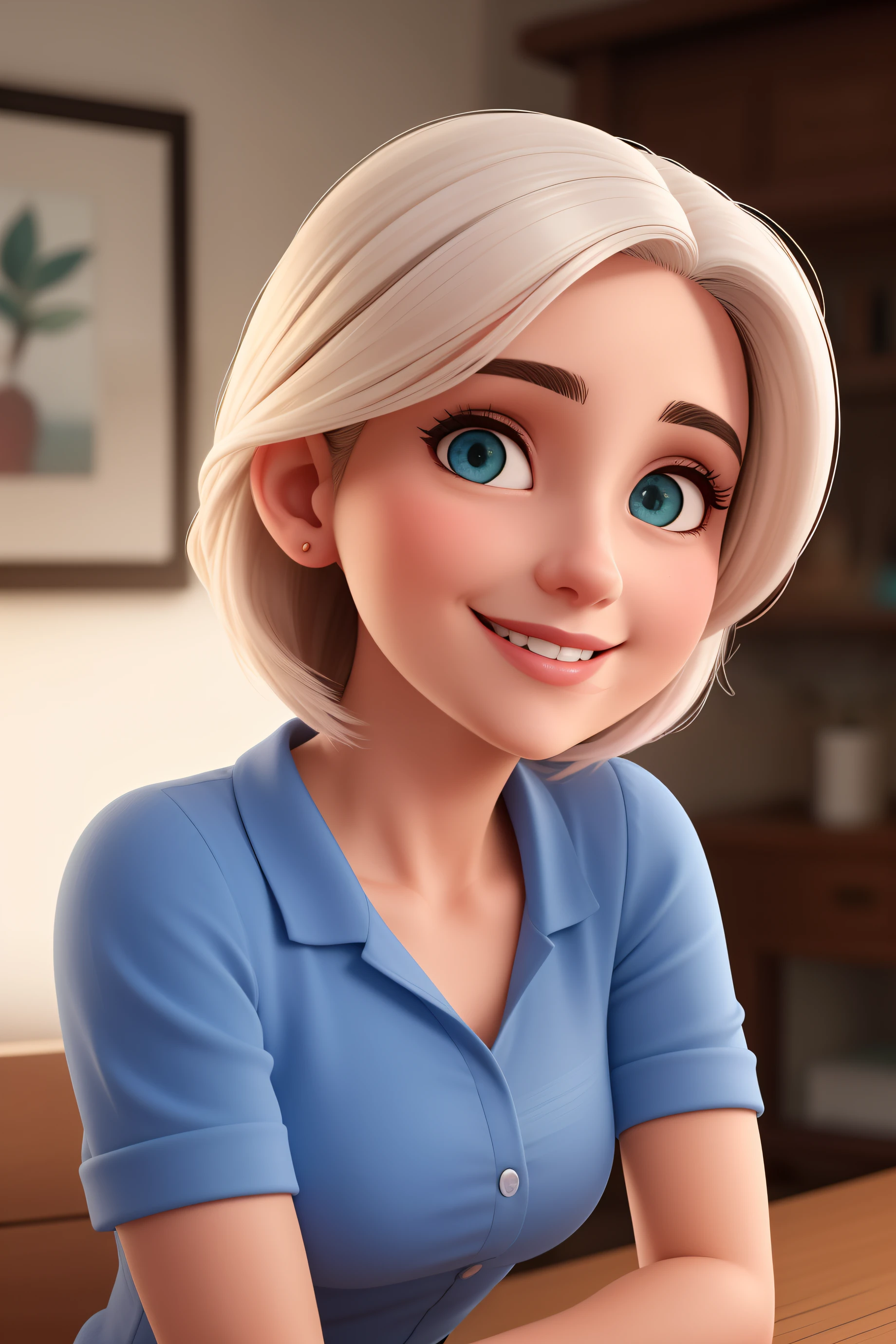 A Woman 30 years old, with short brown hair, Round face, round face with charming smile, and brown eyes