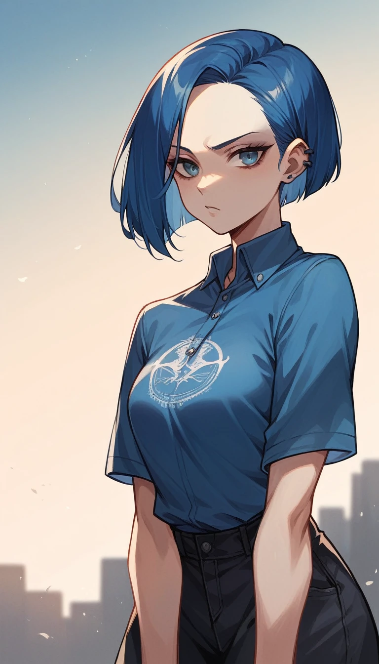 dark-blue hair girl, bob hair cut, forehead, goth make up, sky-blue shirt, rolled up sleeves, untucked shirt