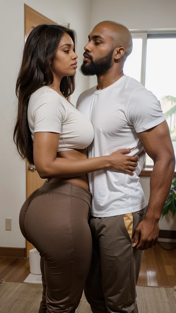 Sexy interracial couple, brown indian man half bald, beard, tall, muscular, brown(ebony skin) chubby woman long hair, big breast, big nipples, big hip, big curvy ass, man wearing t shirt and yoga pant, woman wearing white bra, front view, couple, detailed.