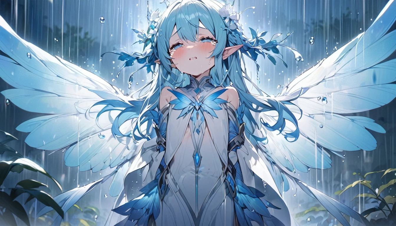(Highest quality),Rain Fairy,blue,Wings growing on his back,tears