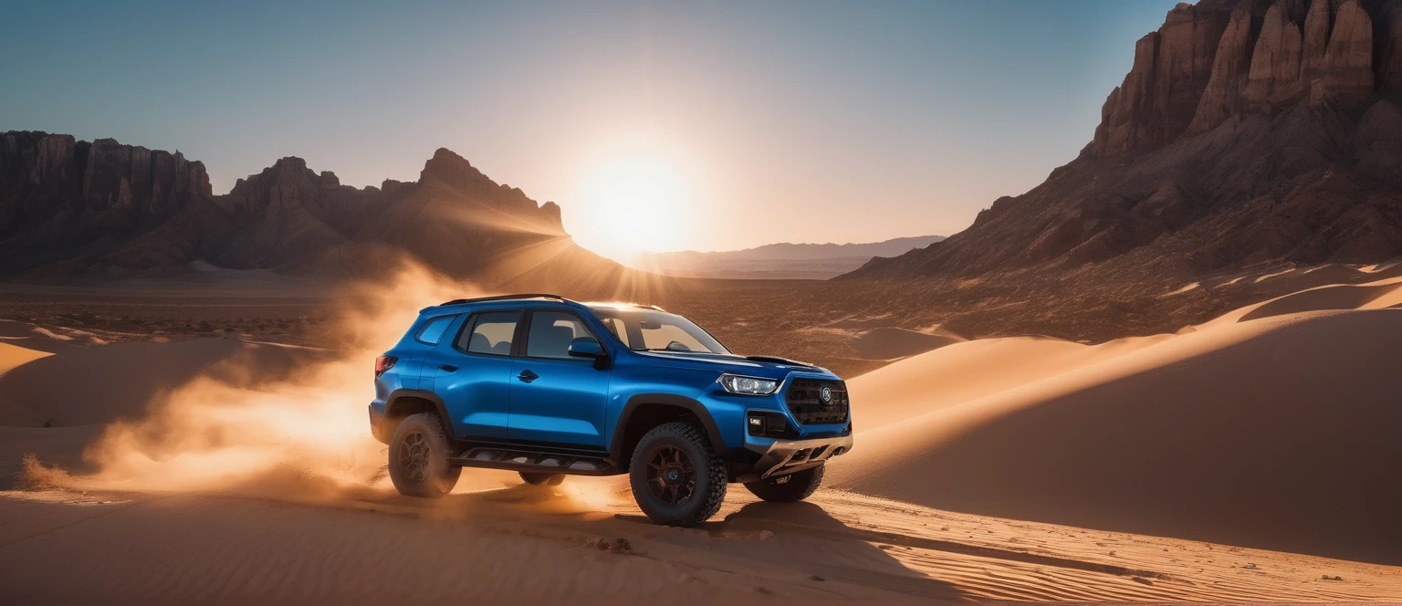 Off-road vehicle photos,A blue SUV is on the right side of the photo.,Car side,amazing,Drive on the highway,Showing speed and passion,Blue photo,detail强化,blur background/Bokeh,Bright with natural light,Ray Tracing,Sunset sky,desert,desert,sand,Highly detailed environments,Low depth of field,HD,detail,8k,lens flare,Sunlight,