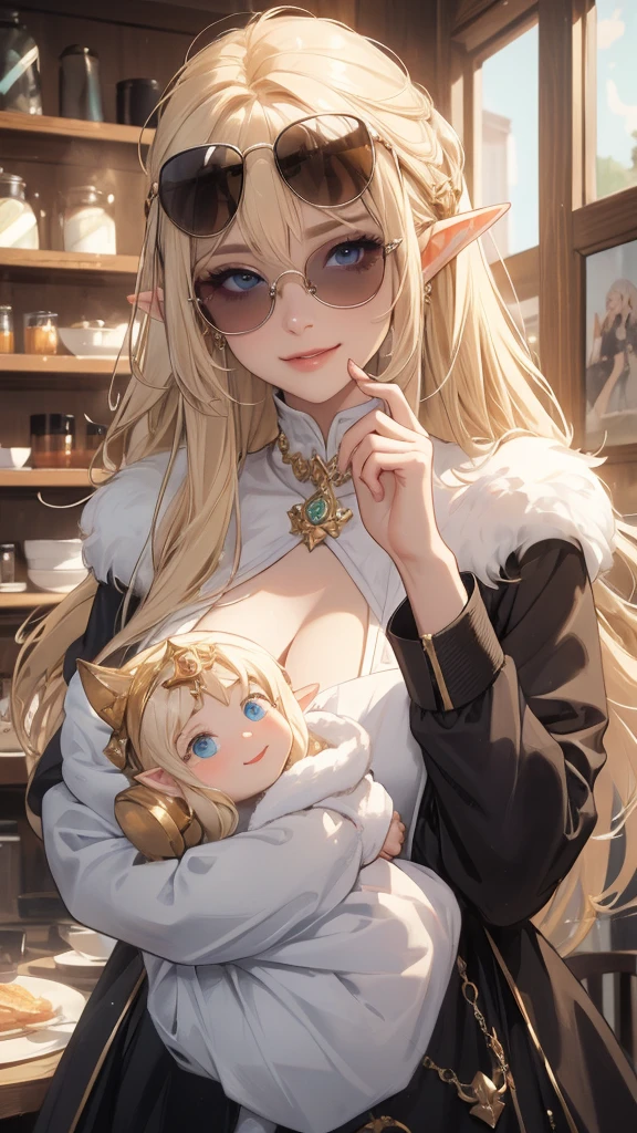 work of art, epic details, ultra detaild, best resolution, Woman, blonde, (BEAUTIFUL ELF), ((rosto angelical)), sculptural body, wearing a chunky brown fur coat, (wearing sunglasses), ((perfect hands))), ((expression of happiness)), (Grinning), great smile, Simple smile, Scenario: in a coffee shop, supper: having fun, no mistakes, (((epic details na face))), (((ultra perfect eyes)))