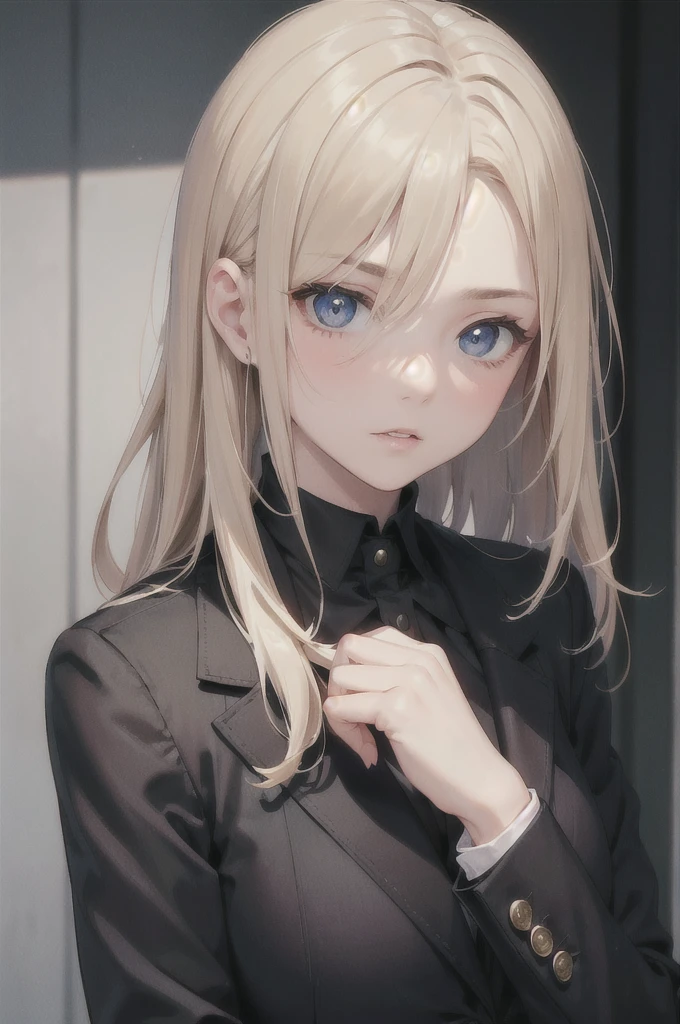 European girl portrait,alone,20-year-old,Beautiful Face,Upper Body,Hair on one eye,Medium Sidecut, Blonde, Sharp focus,Black business suit
