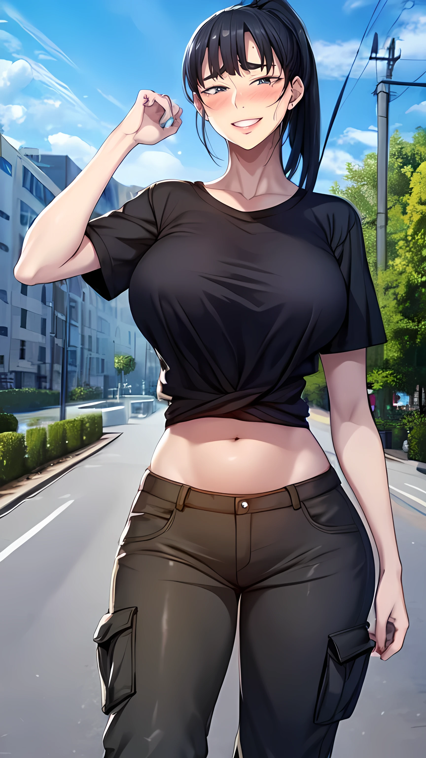 score_9, score_8_up, score_7_up, score_6_up, score_5_up, score_4_up, (8k, RAW photo, best quality, masterpiece:1.2), front view detailed body, long belly, big , Slender body, tight body , thicc ,medium breast , long thighs, muscular woman, JooRidef, black hair, long hair, blue eyes, large breasts, beautiful legs
1girl, solo, looking at viewer, T-shirts, cargo pants, loose pants, Clothes tucked in, boots, black shirt, pony tails, outdoors, Forest