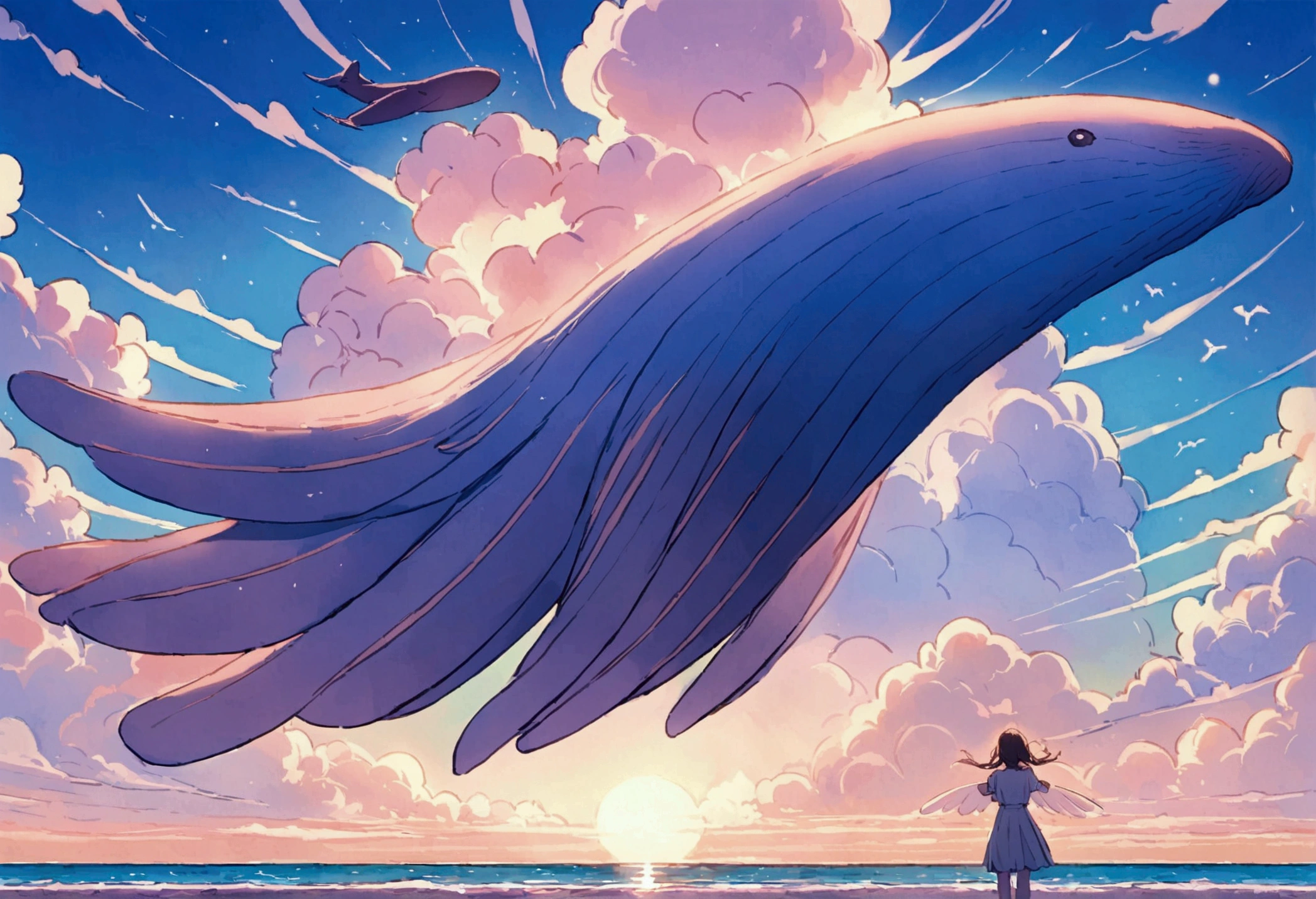 A sky whale flies through dreamy skies, it has enormous wings, a cute woman lies on the beach watching its majestic flight