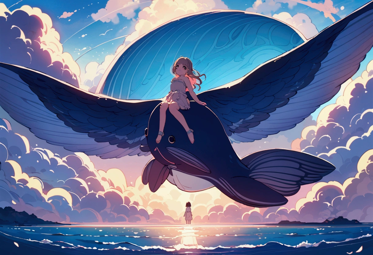 A sky whale flies through dreamy skies, it has enormous wings, a cute woman lies on the beach watching its majestic flight