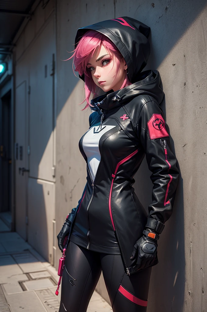 Create a female support for the game Overwatch in which she is a space traveler with clothes inspired by the EVA pilots from the anime Neon Genesis Evangelion, in a more sombre black and red tight costume with an overcoat and hood, in which she lives in the shadows hiding her identity, living just for under your beliefs. Make her in a pose leaning against a wall. Make the image in a full-body, hand-drawn style