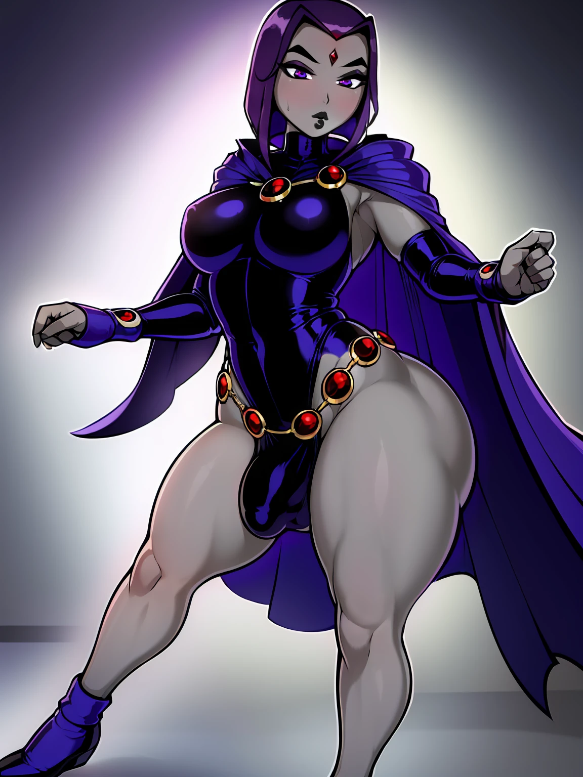 (solo:1.1),(masterpiece), (best quality:1.3), ultra detailed, intricate, professional art, digital art, absurdres, shadraven, (Full body view:1.1), 1girl, solo, (grey skin:1.4), dark purple hair, bob hair, purple eyes, hips wider than shoulders, pear shaped body, jewellery, detailed thighs, thick thighs, red jewel in forehead, jewels, (long sleeved turtleneck leotard:1.3), cuffs, small breasts, (shadraven cloak), (Shadraven broach:1.2), Shadraven jewel belt, Shadraven wearing a long sleeved leotard outside at night, long legs, ( long crotch bulge:1.4), large penis, large testicles, side angle view, looking at viewer, bubble butt , gluteal crease, universal lighting,,
