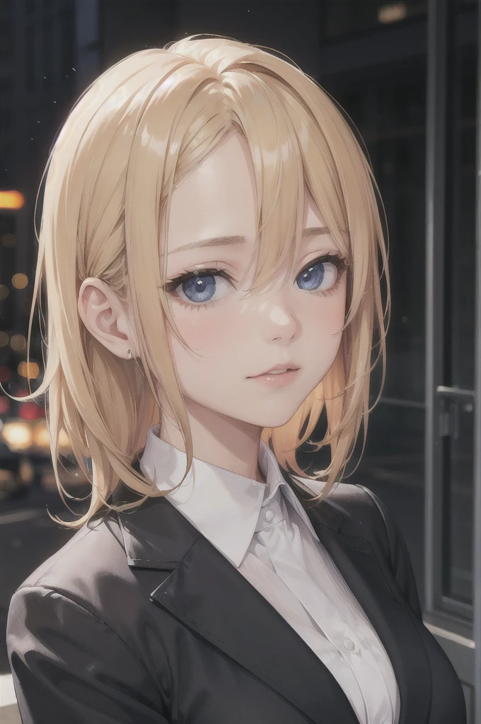 European girl portrait,alone,20-year-old,Beautiful Face,Upper Body,Hair on one eye,Medium Sidecut, Blonde, Sharp focus,Black business suit