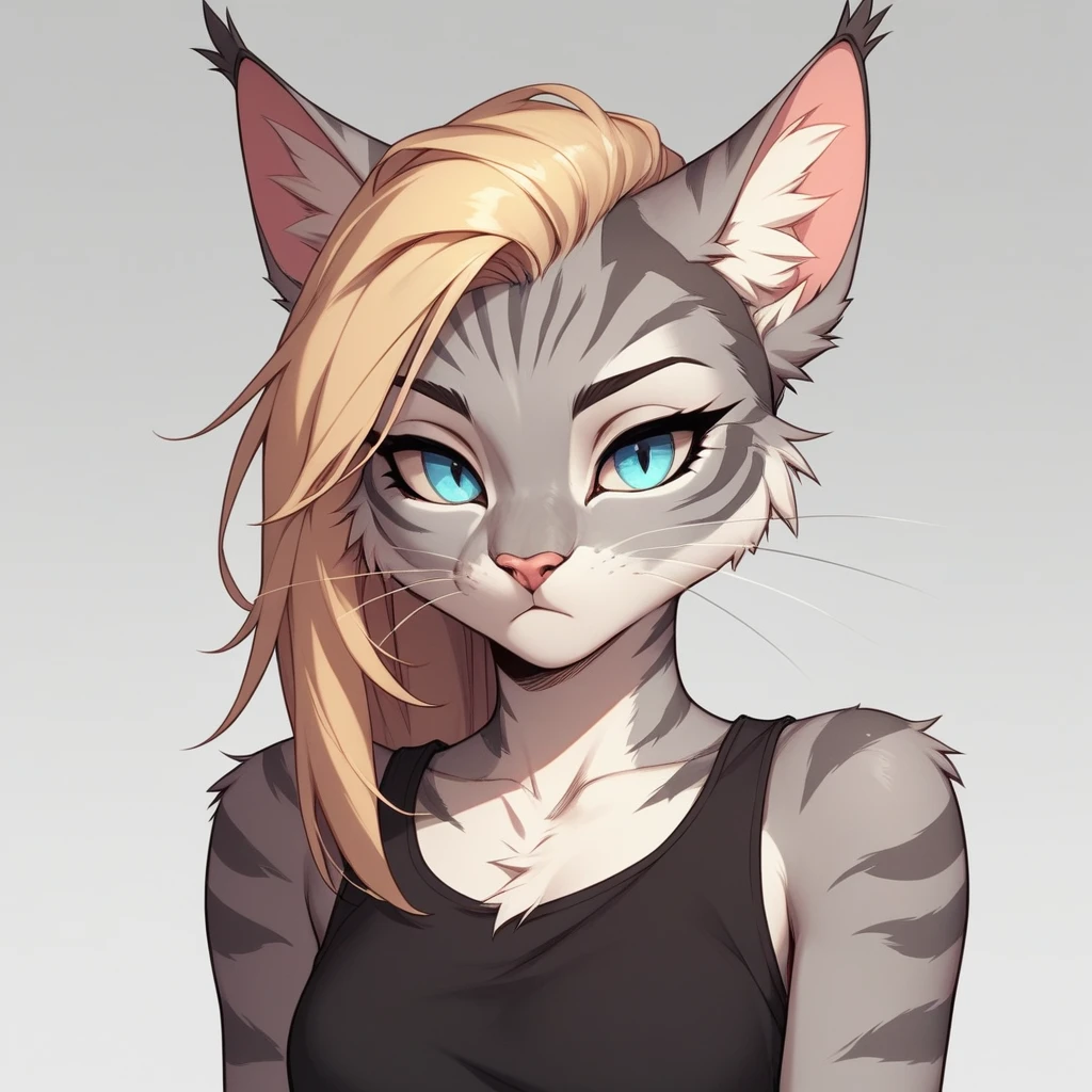 score_9,score_8_up,score_7_up, score_6_up, score_5_up, source_cartoon, flat colors, no shading, Kat, Anthro furry feline, silver fur, grey stripes on body, blue eyes, long blonde hair, undercut hair, pink nose, :3, wearing black tank top, exaggerated expression, upper body shot, closed mouth, eyes half open, jitome, expressionless, (looking to her left):2, cowboy shot, upper body shot, bored, simple white background, 
