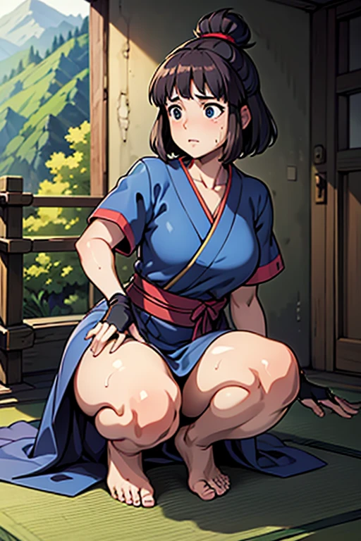 masterpiece, Highest quality,  Unreal Engine,  Super Resolution,  Very detailed, 

One Girl, So, Kaya from Princess Mononoke, Topknot, Bobcut, iris, ((Blue Japanese clothing,short_sleeve)), Fingerless long gloves, feet_warm,barefeet, Physical Beauty, (Muscular:0.8), bold, Observe the audience, 

In a sexy pose, 

The World of Princess Mononoke, The village where Ashitaka lived, Key Visual, 

((Sticky with sweat)),
