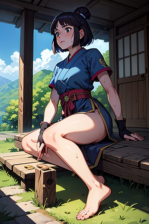 masterpiece, Highest quality, Unreal Engine, Super Resolution, Very detailed,
One Girl, So, Kaya from Princess Mononoke, Topknot, Bobcut, iris, ((Blue Japanese clothing,short_sleeve)), Fingerless long gloves, feet_warm,barefeet, Physical Beauty, (Muscular:0.8), bold, Observe the audience,
In a sexy pose,
The World of Princess Mononoke, The village where Ashitaka lived, Key Visual,
((Sticky with sweat)),