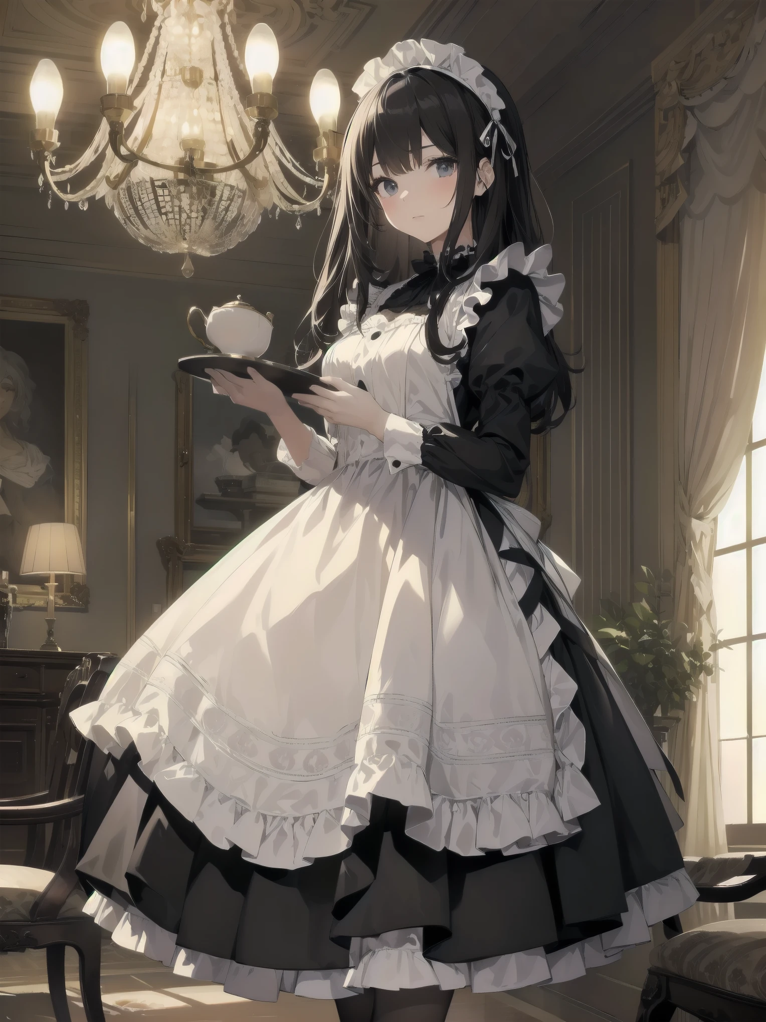 Illustration of a beautiful girl in a cute pose,(Masterpiece: 1.2), (Best quality: 1.2), A cute girl with long black hair, dressed in a classic black and white maid outfit with frilly lace and a matching headband, is standing in a beautifully decorated Victorian-style parlor. She is holding a silver tray with a teapot and teacup, her expression a mix of professionalism and warmth. The background includes ornate furniture, a chandelier, and large windows with heavy drapes, all bathed in soft afternoon light. This illustration emphasizes the elegant and welcoming atmosphere of a high-class tea service