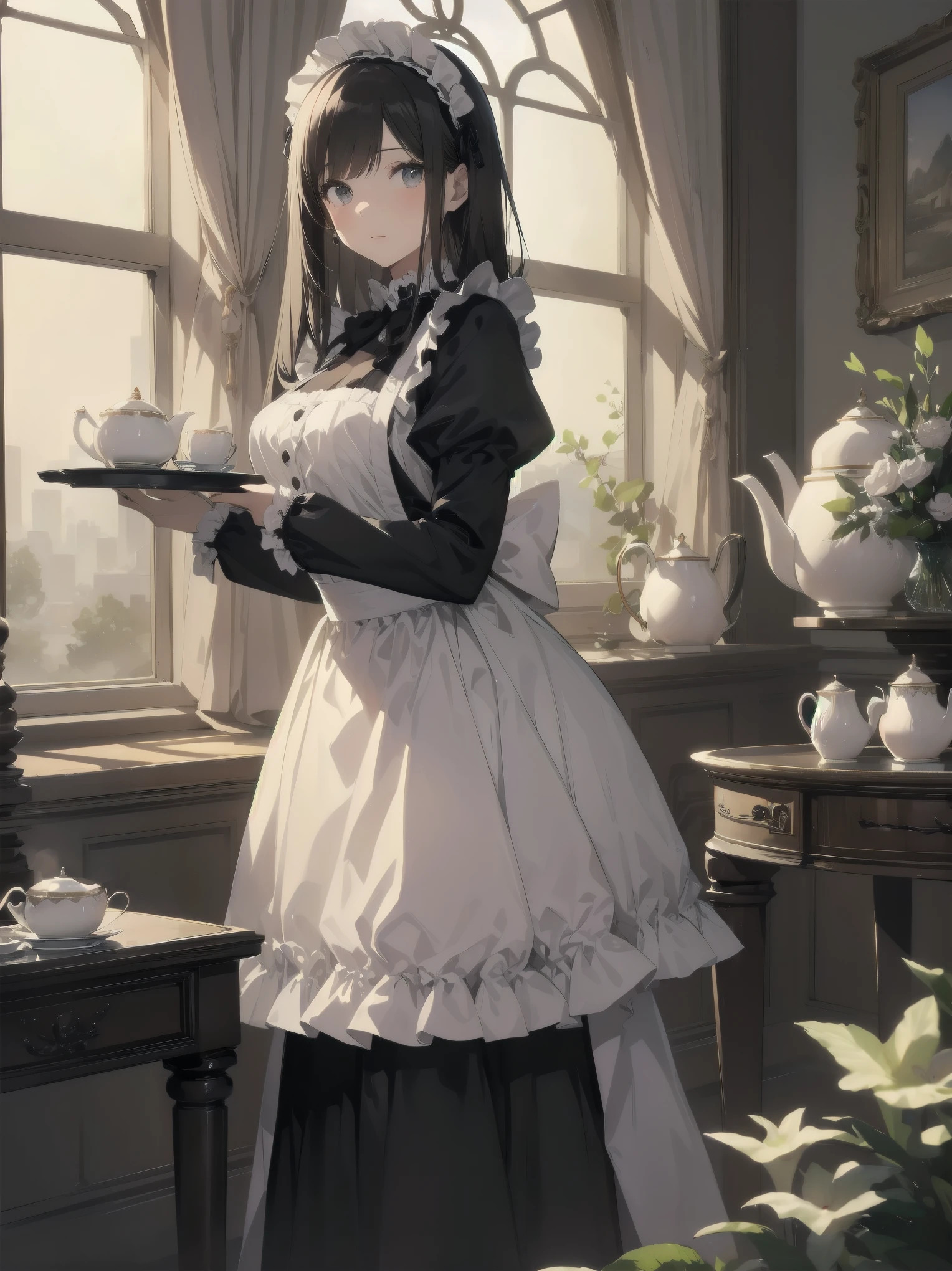 Illustration of a beautiful girl in a cute pose,(Masterpiece: 1.2), (Best quality: 1.2), A cute girl with long black hair, dressed in a classic black and white maid outfit with frilly lace and a matching headband, is standing in a beautifully decorated Victorian-style parlor. She is holding a silver tray with a teapot and teacup, her expression a mix of professionalism and warmth. The background includes ornate furniture, a chandelier, and large windows with heavy drapes, all bathed in soft afternoon light. This illustration emphasizes the elegant and welcoming atmosphere of a high-class tea service