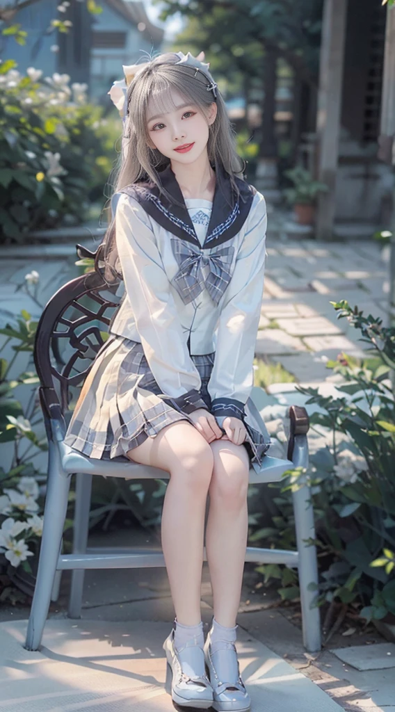 realistically，long gray hair， (white hair)，Smile ，shy ，Blushing face ，Chinese，Chinese裝，Tang Feng Hanfu，Hanfu，(White shirt)，(((Light blue and light white pleated plaid skirt)))，embroidery，(Black lace pantyhose)，in the room