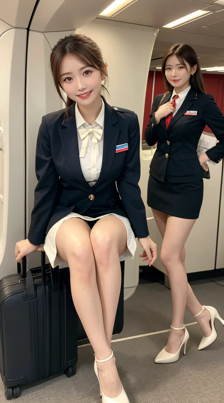 ​highest quality、table top、8k、best image quality、Award-winning work), two beautiful women、radiant beautiful skin , masterpiece、top-quality、The ultra -The high-definition、depth of fields、lens flare 1 girl、、brown hair, watching at viewers glares, large breasts , ivory stewardess uniform, ( ivory stewardess blazer:1.3),  shirt, ivory short  skirt, (white high heels), perfect legs, sitting, crossed legs, view from below, smiling , flight cabin
